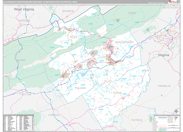 Blacksburg-Christiansburg-Radford, VA Metro Area Wall Map
